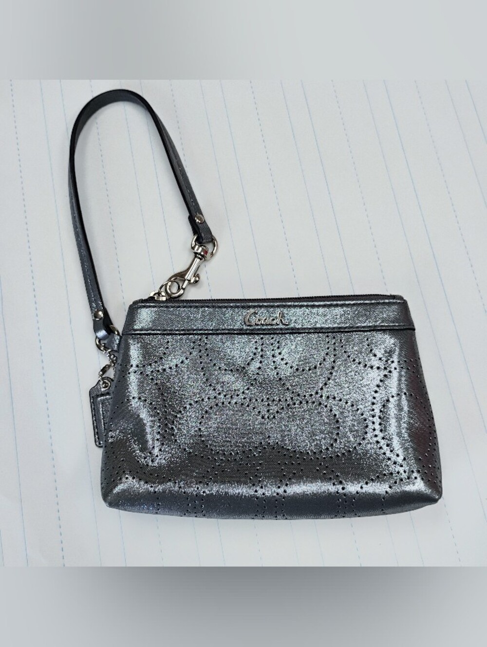 EUC Coach Wristlet Clutch - Silver Metallic Perforated